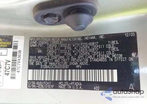 2006 Toyota Sienna Le из США, поврежденный, VIN 5TDBA23C36S059587